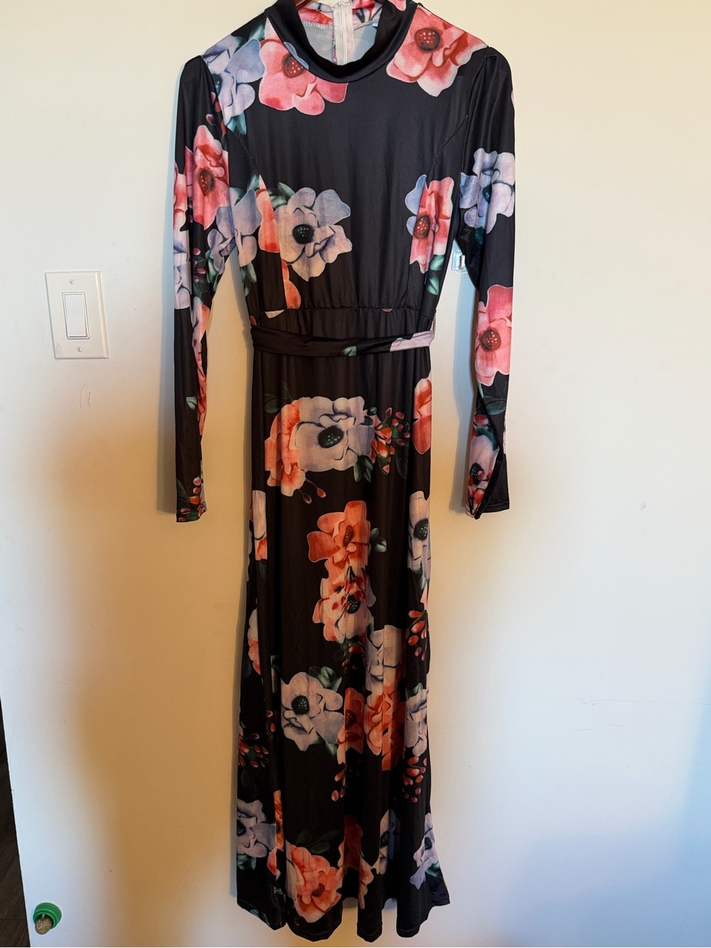 Floral Long Sleeve Maxi Dress in Black and Pink